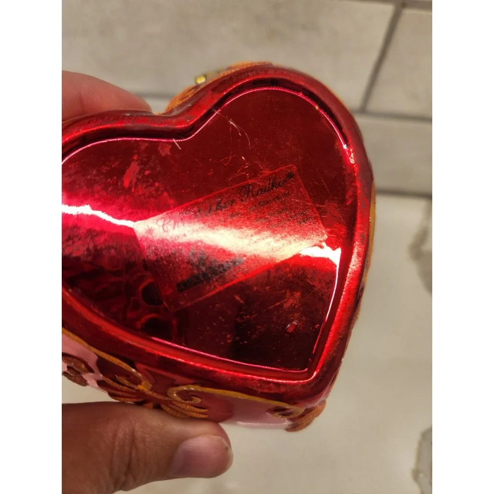 Vintage Christopher Radko Red Gold Glitter‎ Heart Hinged Trinket Box Jewelry Box